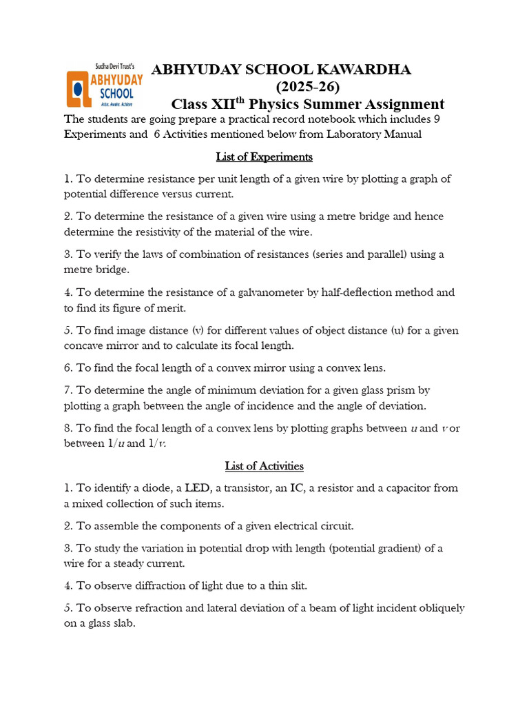 Class XII Physics Summer Assignment | PDF
