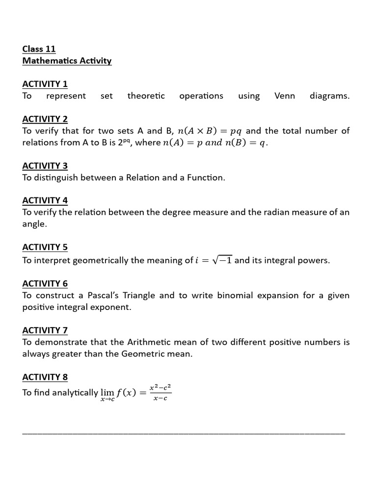 Class 11 Mathematics Activities Guide | PDF