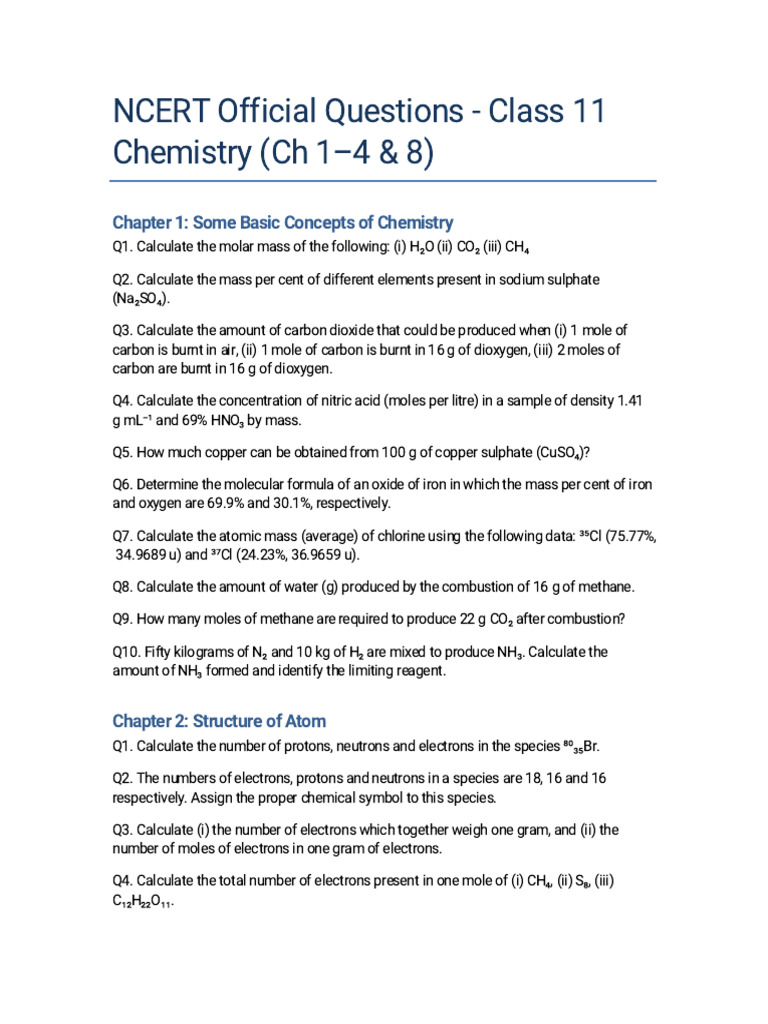 NCERT Class 11 Chemistry Questions | PDF | Ion | Mole (Unit)