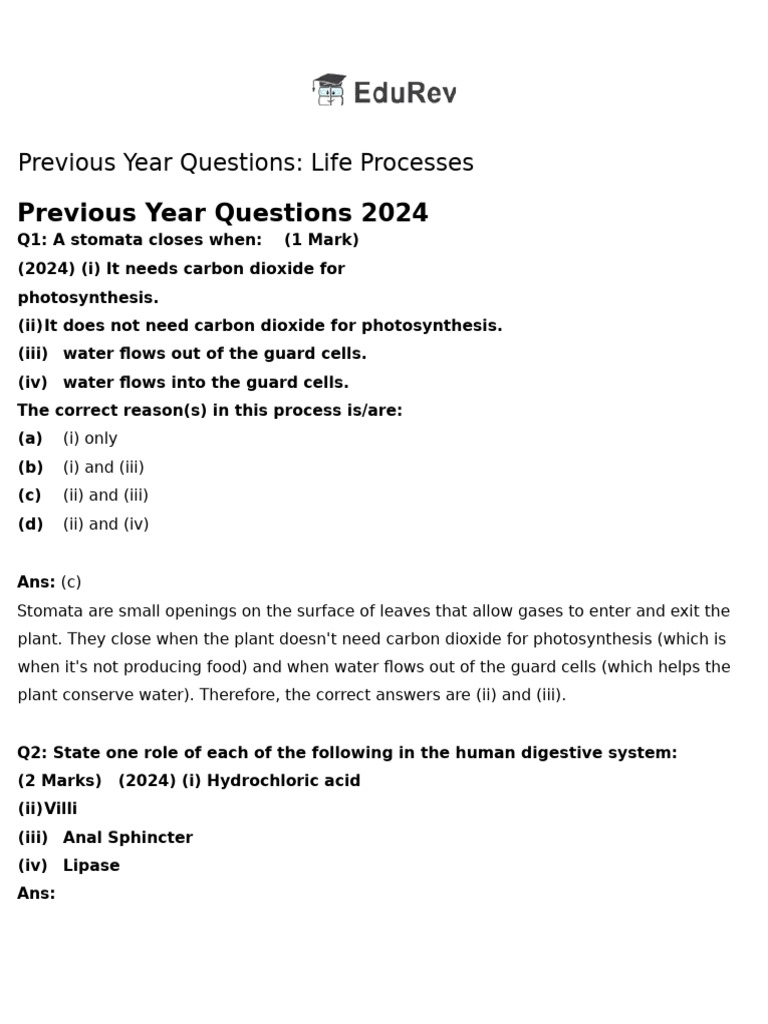 Class 10 Science Chapter 5 Previous Year Questions - Life Processes ...