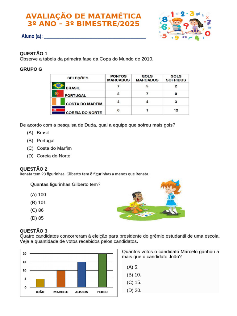 Avaliação de Matemática 3º Ano 2025 | PDF