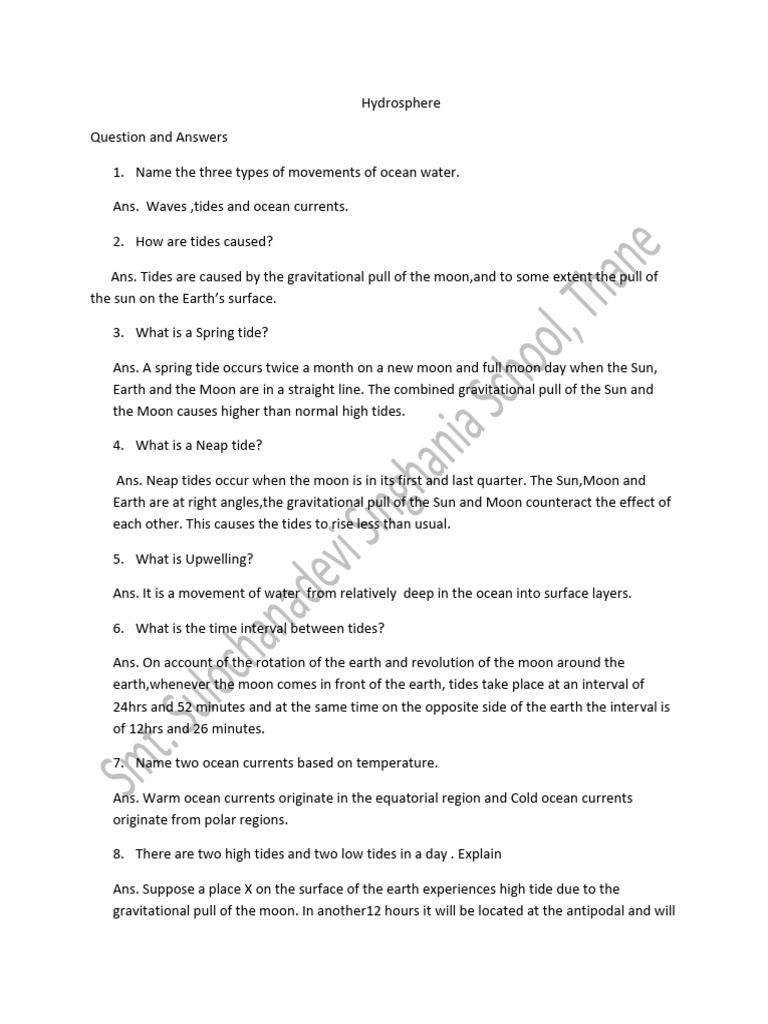 Hydrosphere Question and Ans | PDF | Tide | Earth