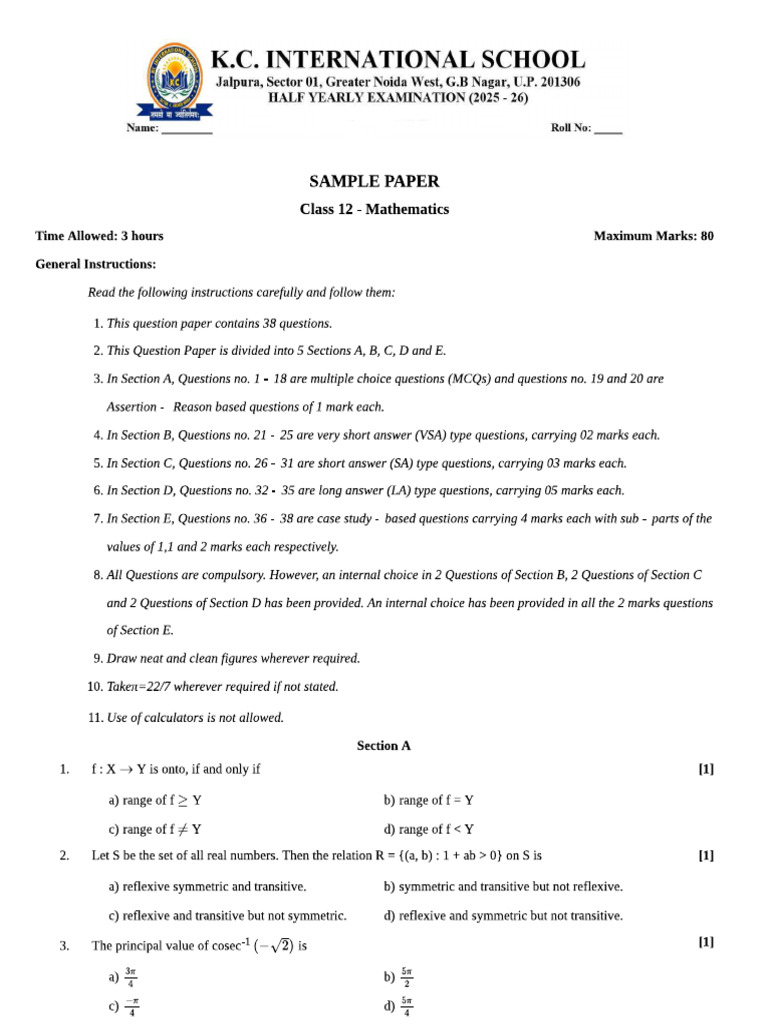 12th Math Sample Paper | PDF
