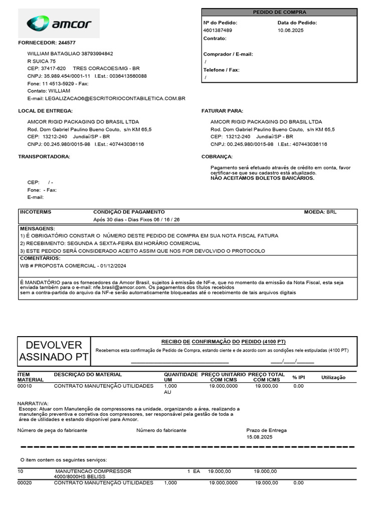 Pedido de Compra Amcor - Manutenção 2025 | PDF | Proteção ao consumidor
