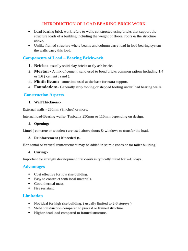 Load Bearing Brick Work Overview | PDF