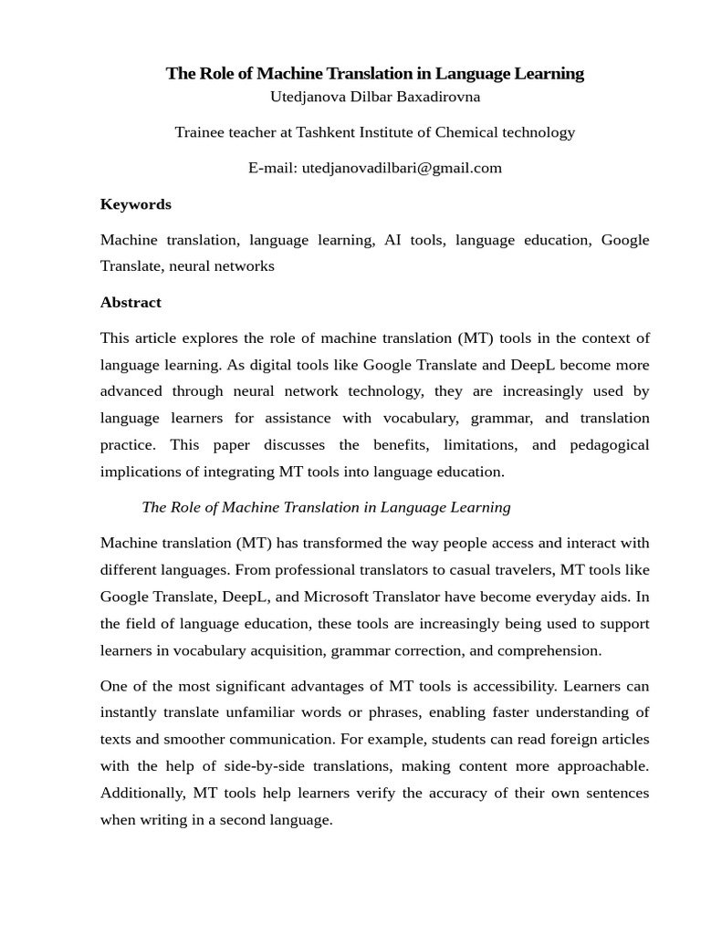 Machine Translation in Language Learning | PDF | Translations ...