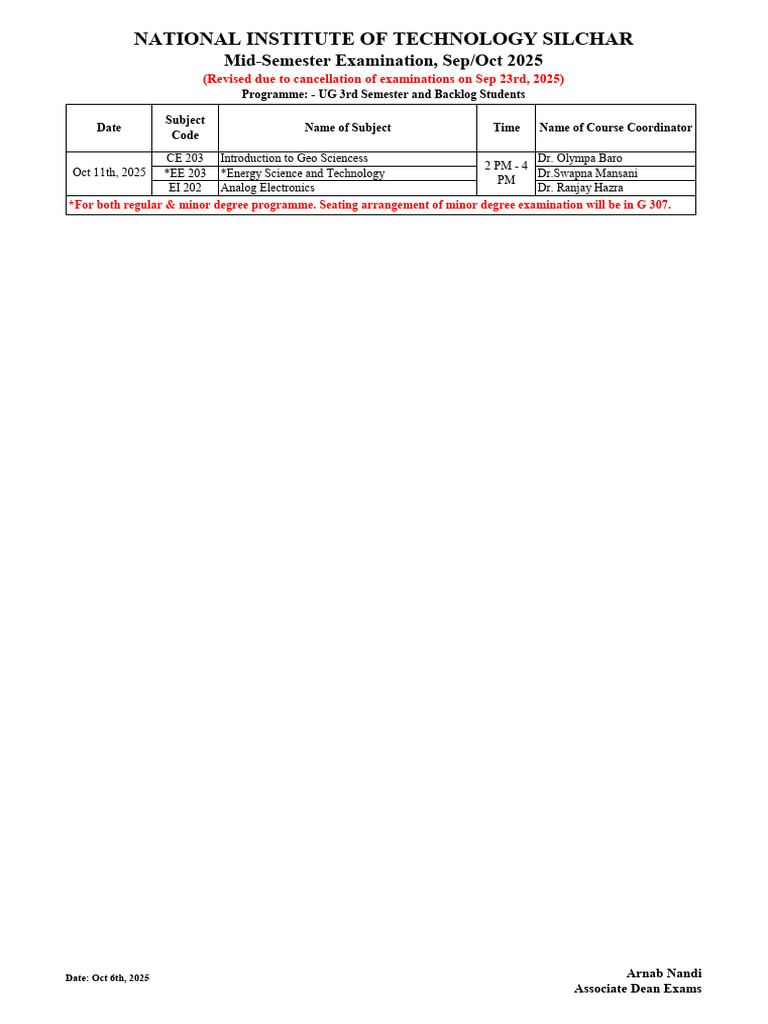 Timetable Mid Sem On Oct 11th 2025 | PDF