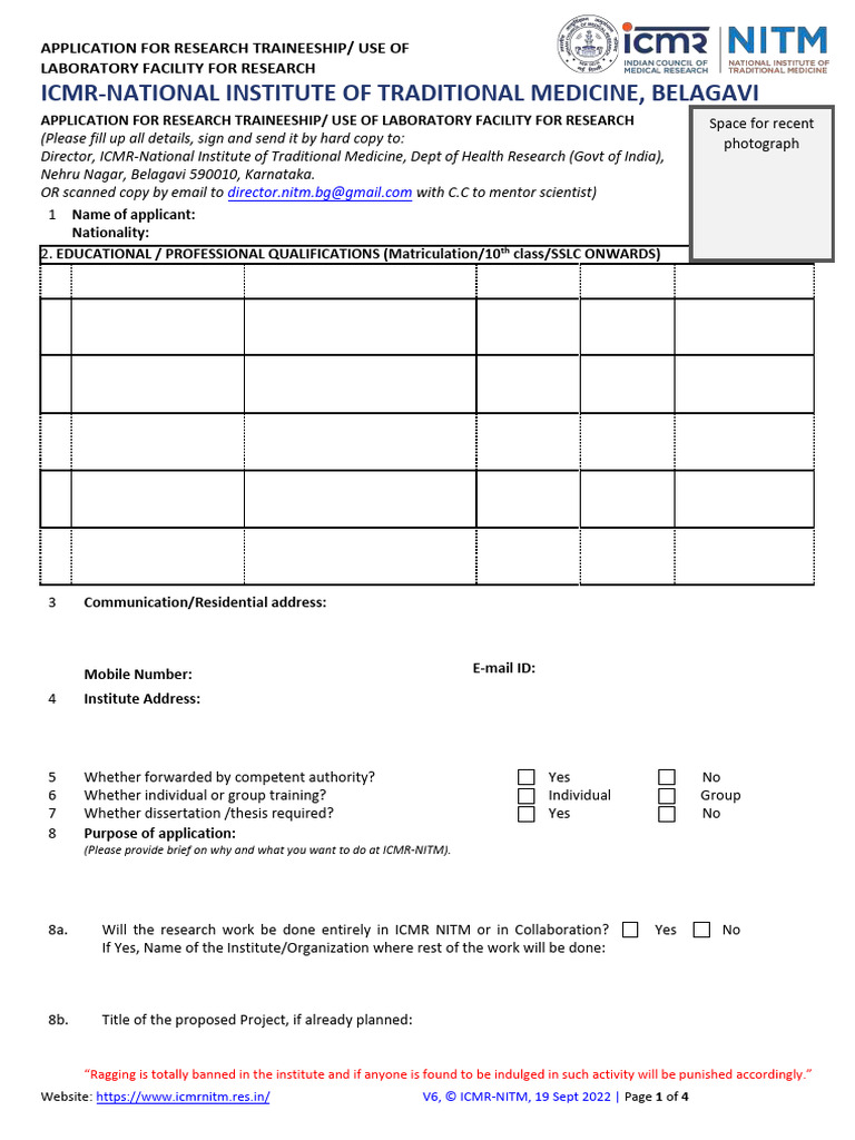 Research Traineeship Application Form | PDF | Thesis