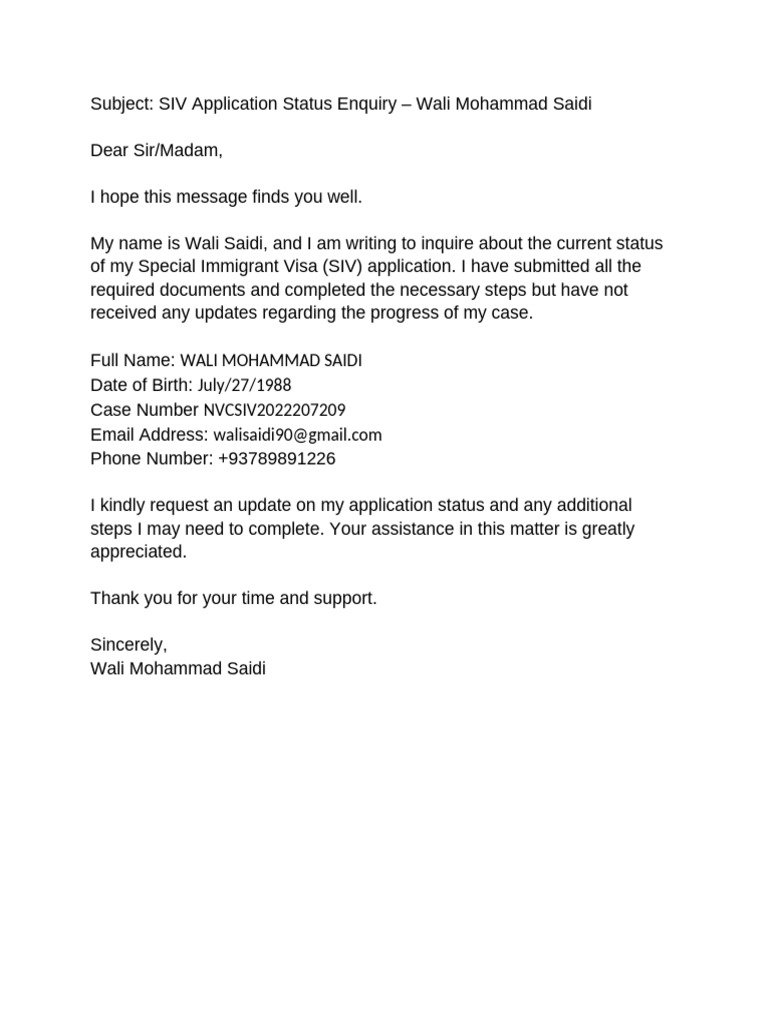 SIV Application Status Inquiry by Wali Saidi | PDF