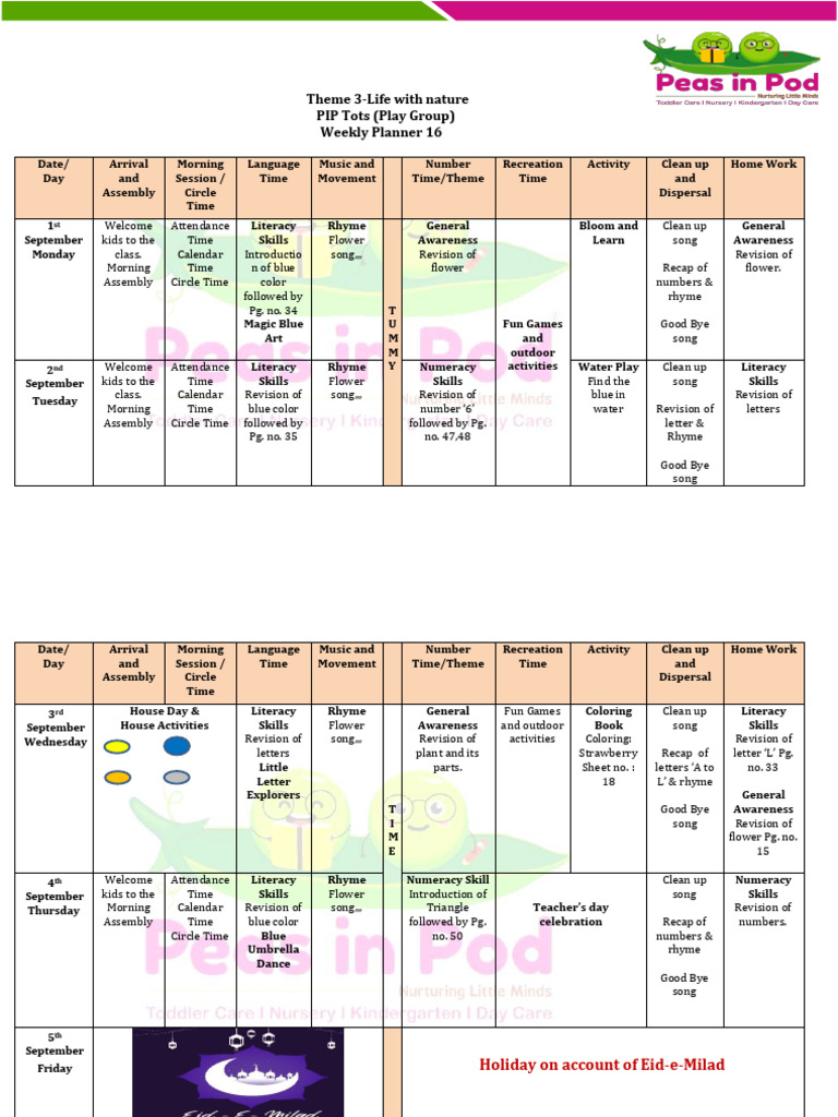 Weekly Planner for PIP Tots Activities | PDF