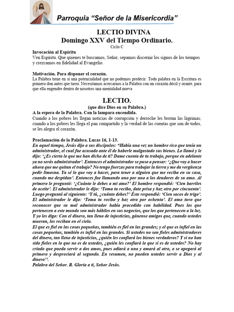 Lectio Divina Domingo XXV Del Tiempo Ordinario 21 de Septiembre | PDF ...