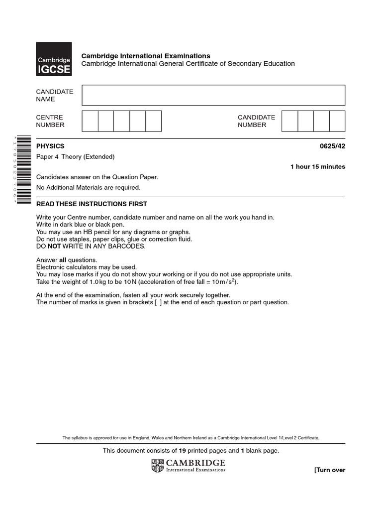 Cambridge IGCSE Physics Paper 4 Exam | PDF | Light | Pressure