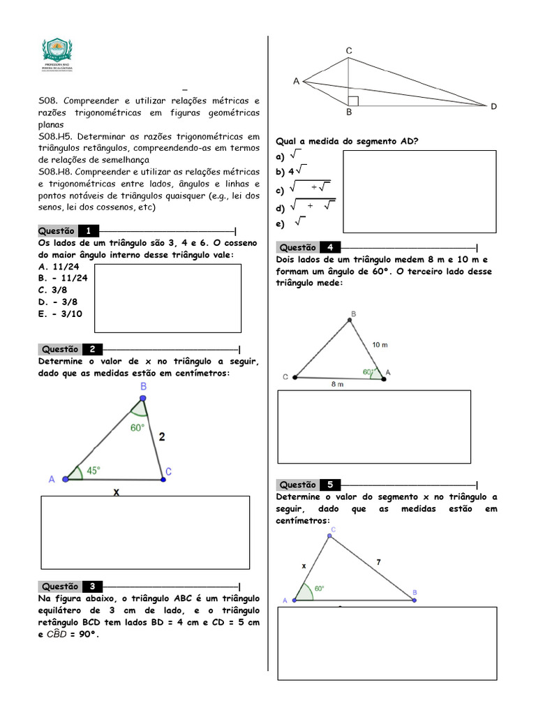 Exercícios de Trigonometria e Geometria | PDF | Triângulo | Trigonometria