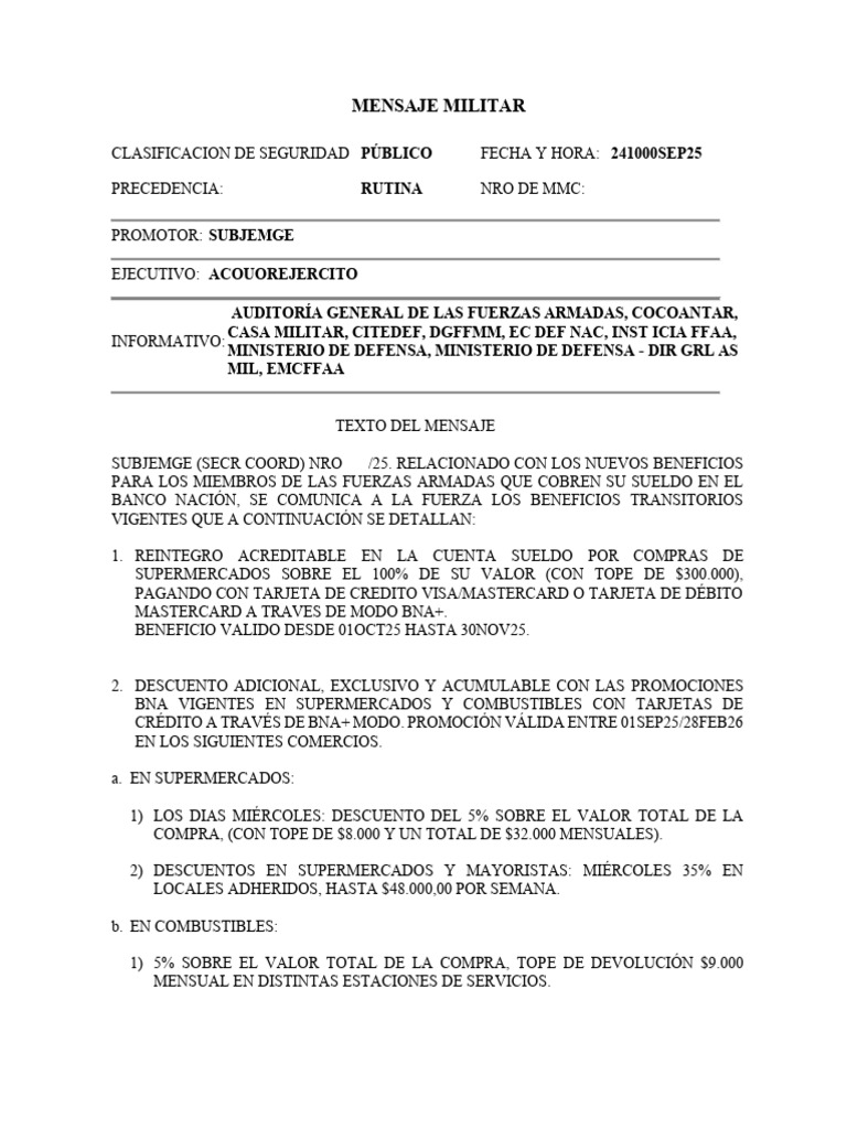Beneficios BNA para Fuerzas Armadas | PDF | Tarjeta de débito | Master Card