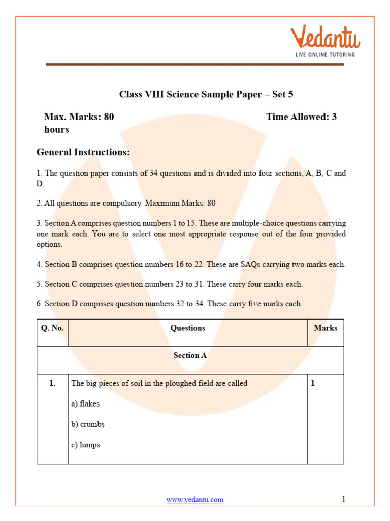 Class VIII Science Sample Paper Set 5 | PDF | Force | Sowing