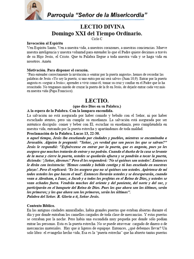 Lectio Divina Domingo XXI Del Tiempo Ordinario 24 de Agosto | PDF ...