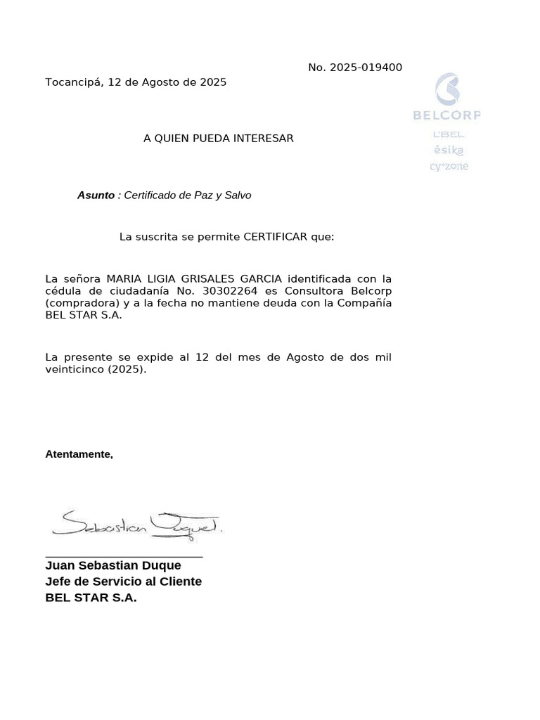 Certificado de Paz y Salvo Bel Star S.A. | PDF