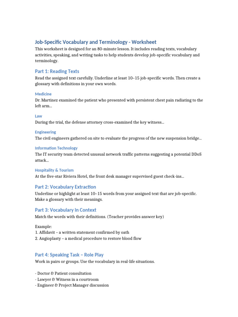 Job-Specific Vocabulary Worksheet | PDF