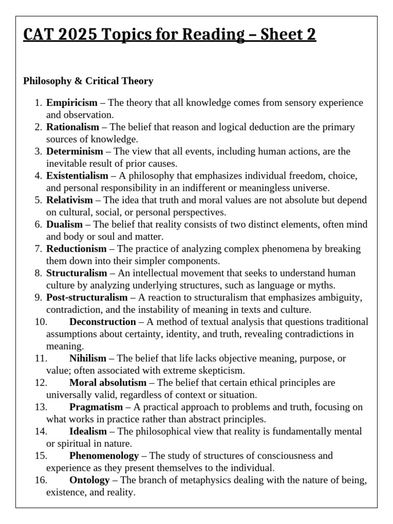 CAT 2025 Reading Topics Overview | PDF | Economics | Truth