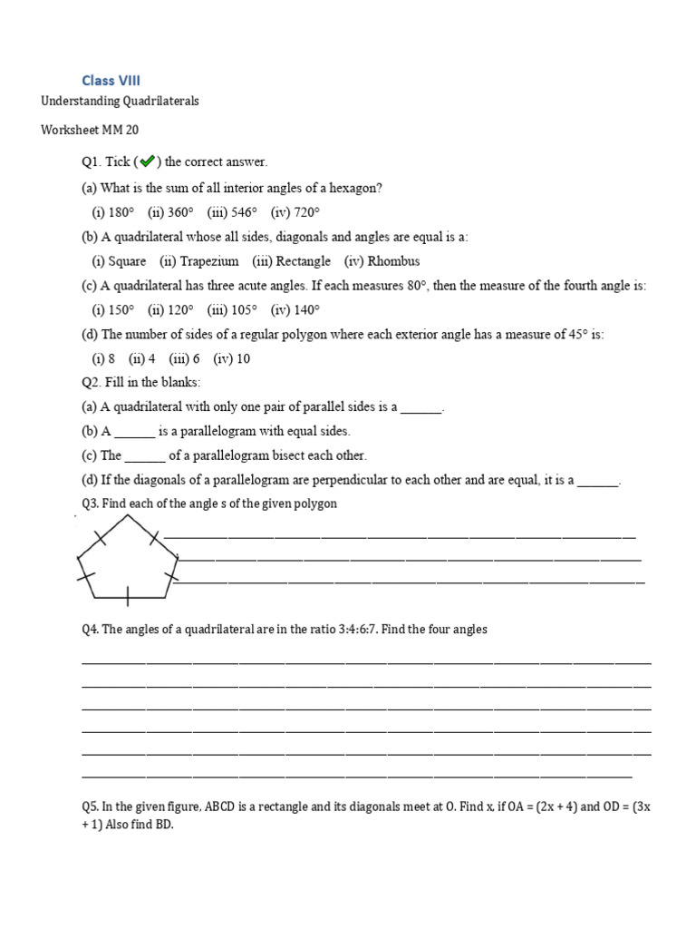 Class VIII Quadrilaterals Worksheet | PDF