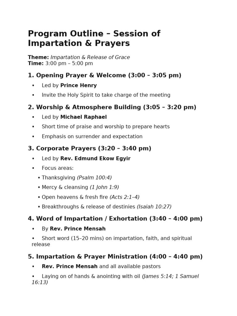 Equip Program Outline - Session of Impartation & Prayers | PDF