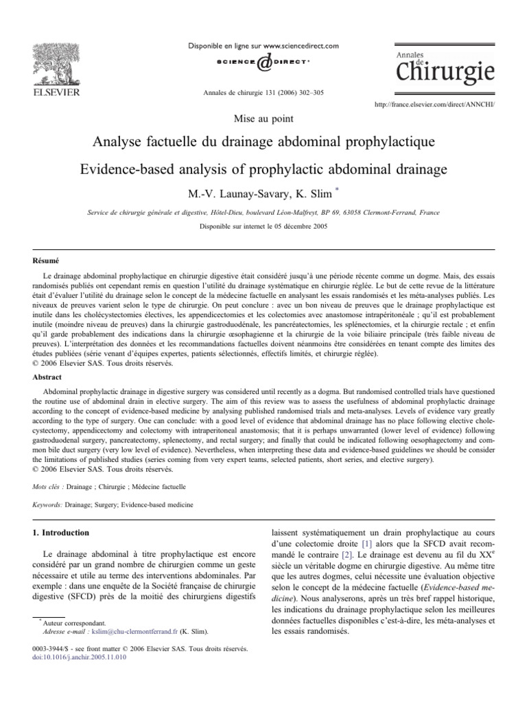 Analyse du drainage abdominal prophylactique | PDF | Essai randomisé ...