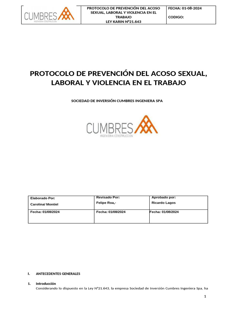 Modelo Protocolo de Prevencion Del Acoso Sexual, Laboral y La Violencia ...