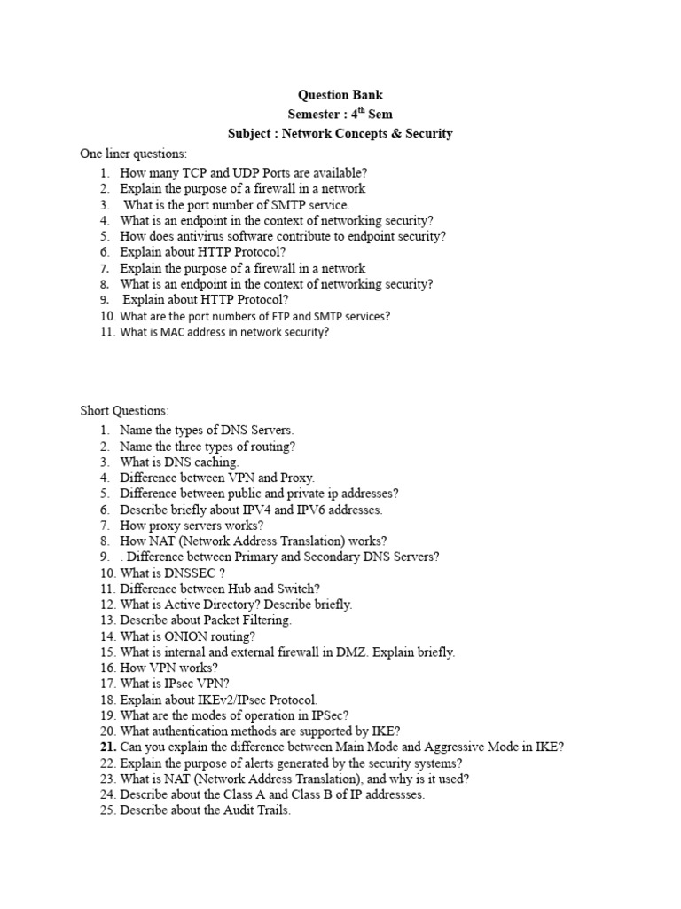 Network Concepts & Security Question Bank | PDF | Internet Protocol ...