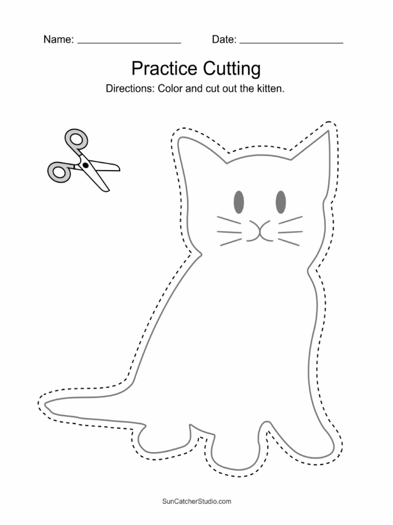 Practice Cutting Worksheet Kitten Cat | PDF