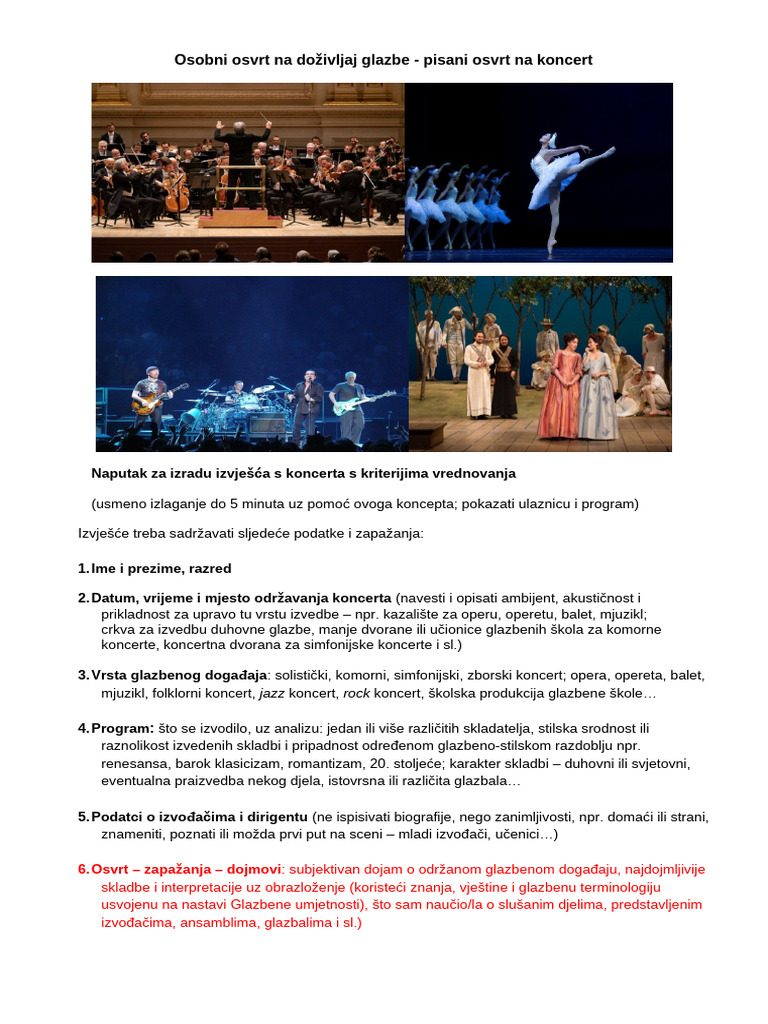 Pisani Osvrt Na Koncert (Upute I Kriteriji Vrednovanja) | PDF