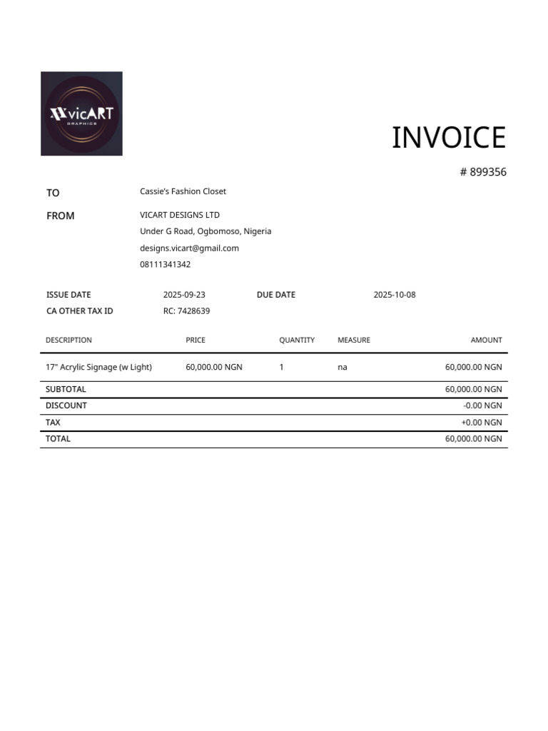 Invoice for Acrylic Signage Purchase | PDF