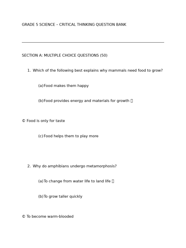 Grade 5 Science Critical Thinking Bank | PDF | Excretion | Cellular ...