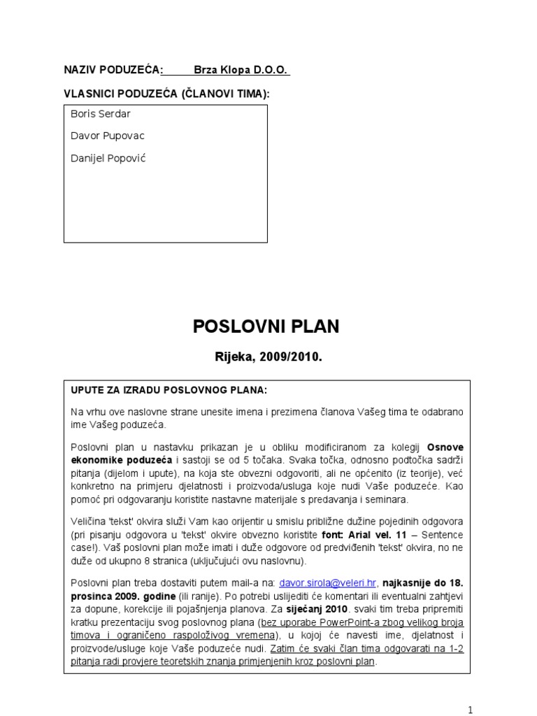 Poslovni Plan - Predlozak Za Osnove Ekonomike Poduzeca - Stu | PDF