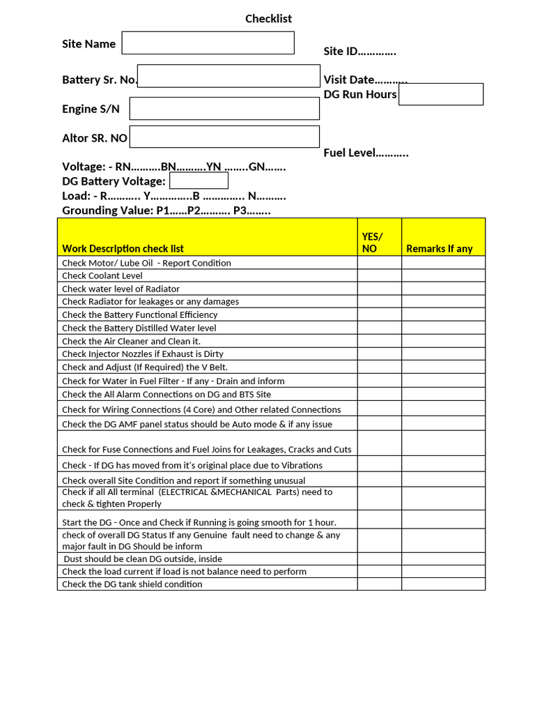 Diesel Generator Maintenance Checklist | PDF