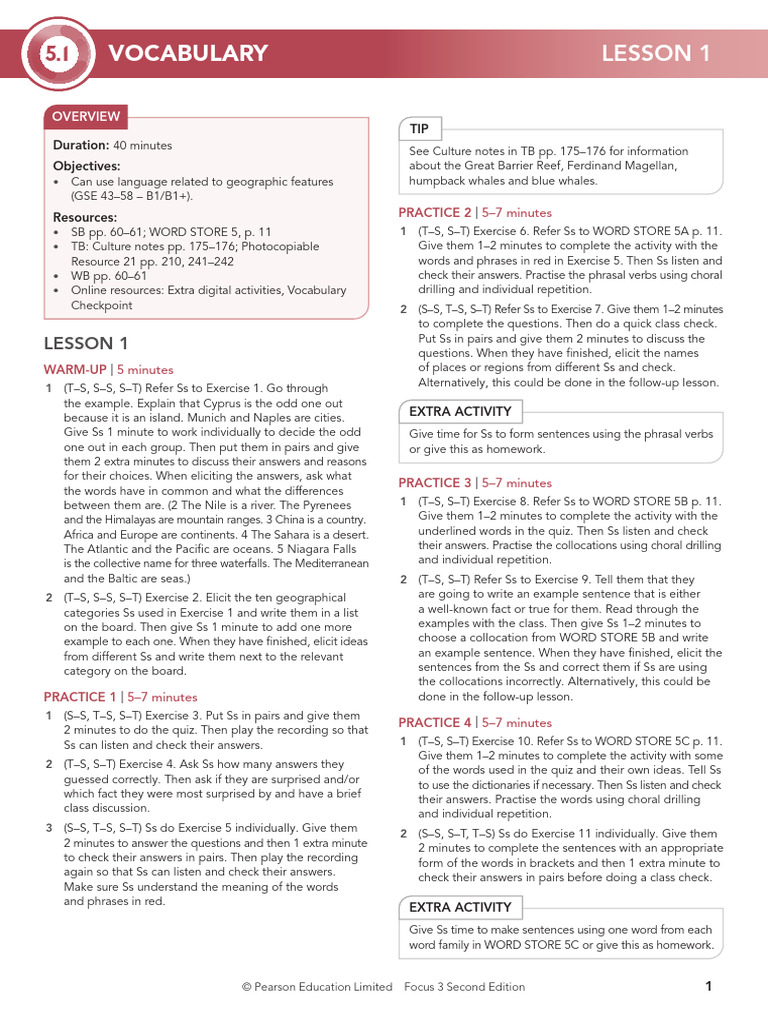 Focus3 2E LessonPlans U05 Lesson1 Vocabulary | PDF | Grammar | Linguistics