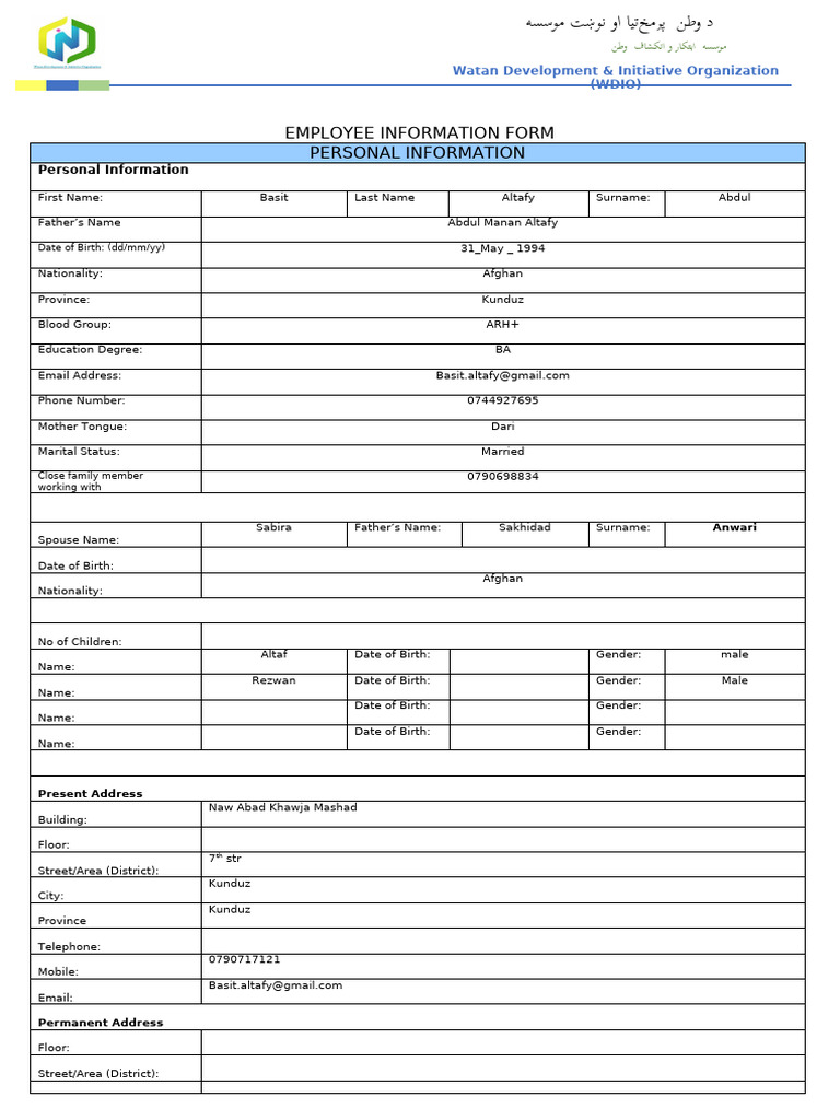 Employee Personal History Form Basit Altafy | PDF | Identity Document ...