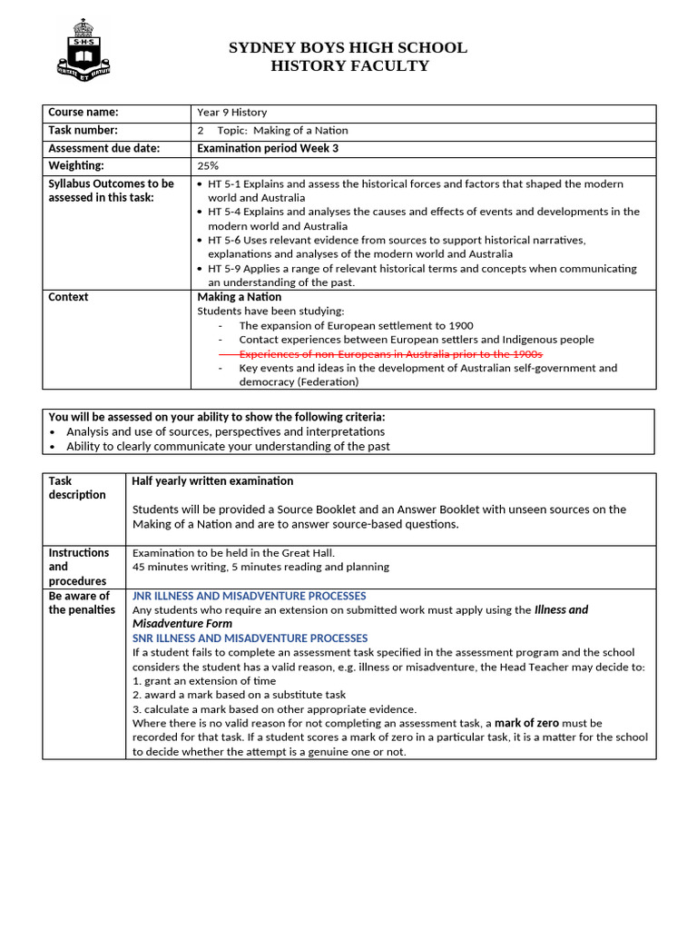 2024 Year 9 History Assessment Task 2 Notification Half Yearly UPDATED ...
