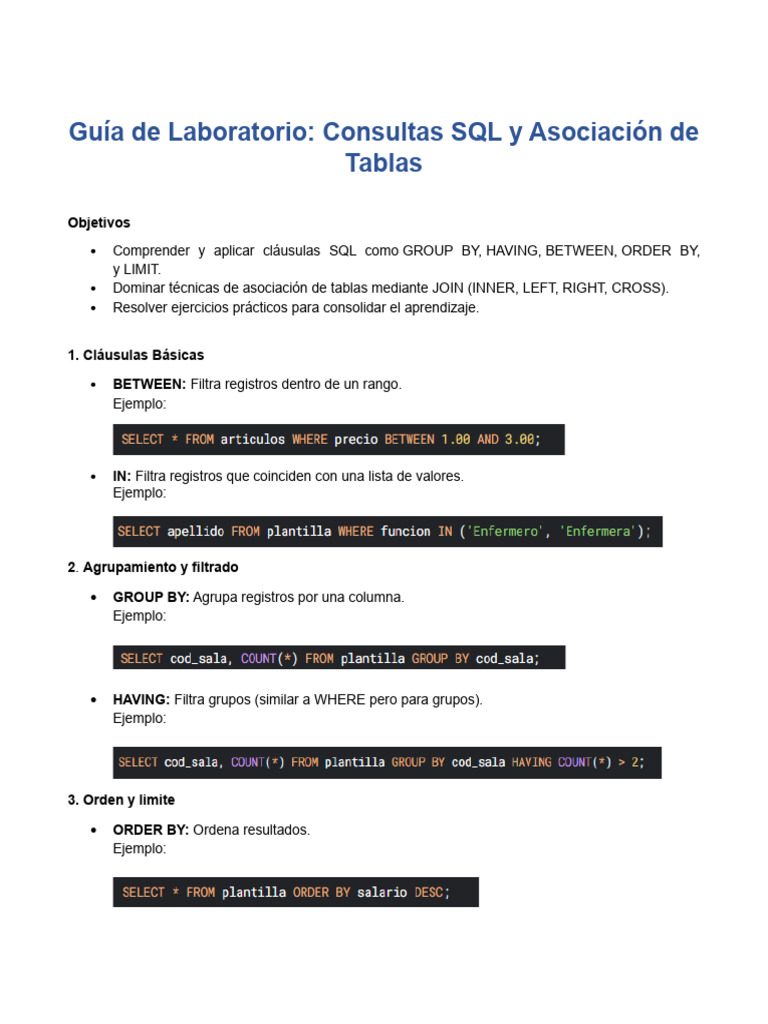 Guía SQL: Consultas y JOINs Esenciales | PDF