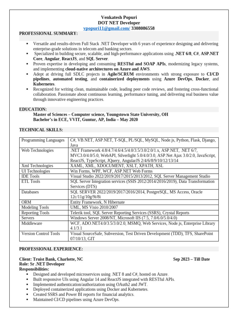 Venkatesh Dotnet Developer | PDF | Microsoft Sql Server | Software