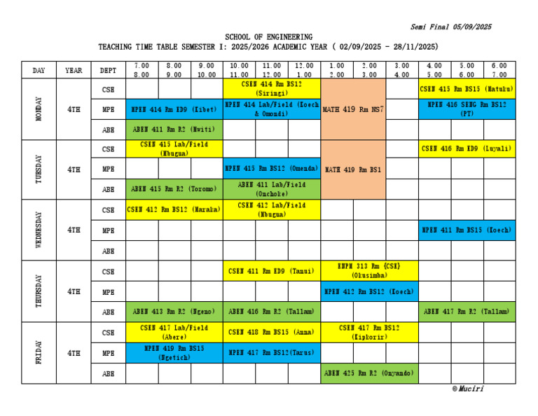 2025/2026 Engineering Semester Timetable | PDF