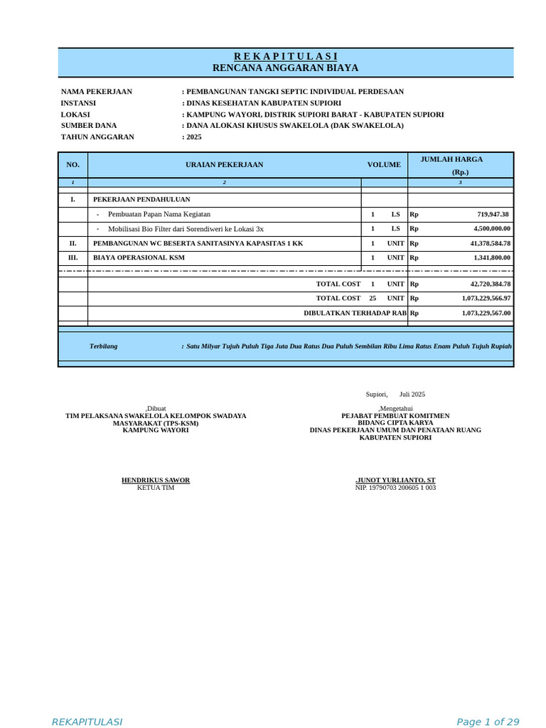 RAB Pembangunan Tangki Septik 2025 | PDF