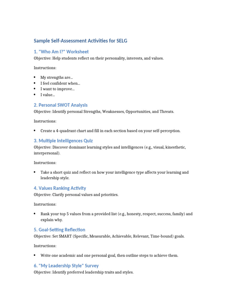 SELG Self Assessment Activities | PDF