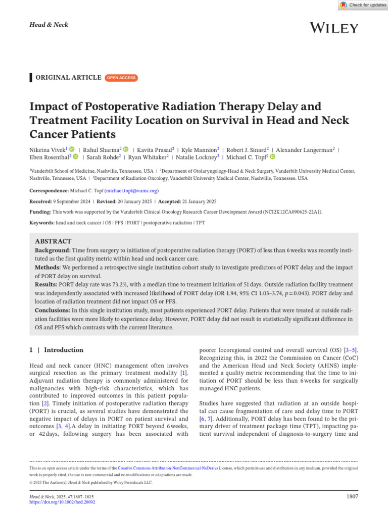 PORT Delay and Survival in Head & Neck Cancer | PDF | Radiation Therapy ...