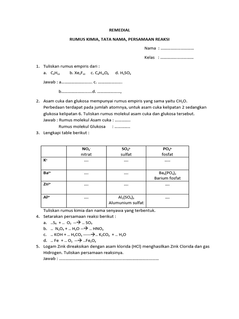Remedial Rumus Kimia, Tata Nama, Persamaan Reaksi | PDF