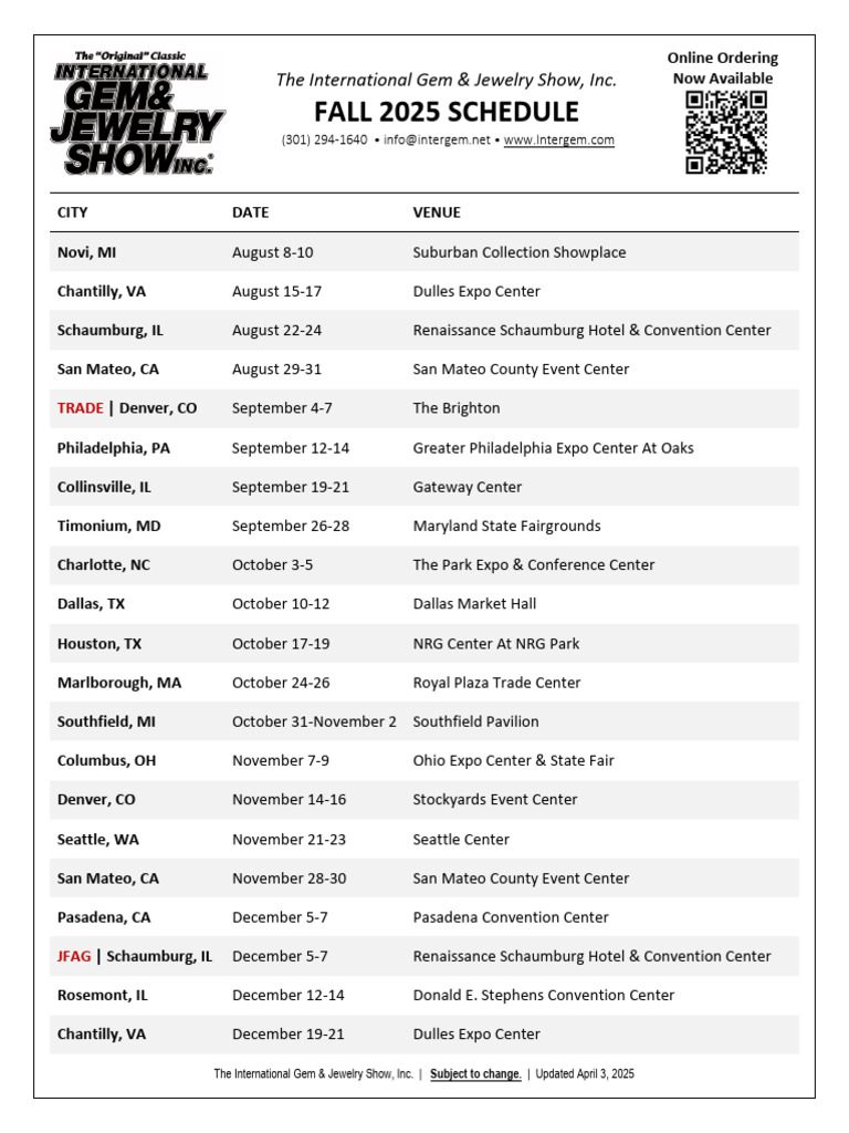 Fall 2025 Gem & Jewelry Show Schedule | PDF | Fairs | Annual Fairs