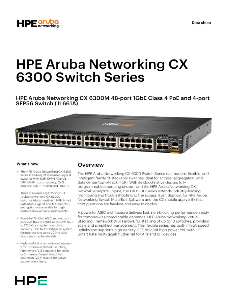 HPE Aruba Networking CX 6300M 48-Port 1GbE Class 4 PoE and 4-Port SFP56 ...