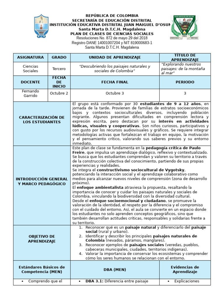 Plan de Clases: Paisajes de Colombia | PDF | Aprendizaje | Entorno natural