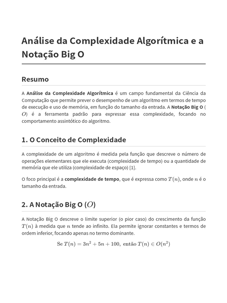 Análise da Complexidade e Notação Big O | PDF | Complexidade do tempo ...