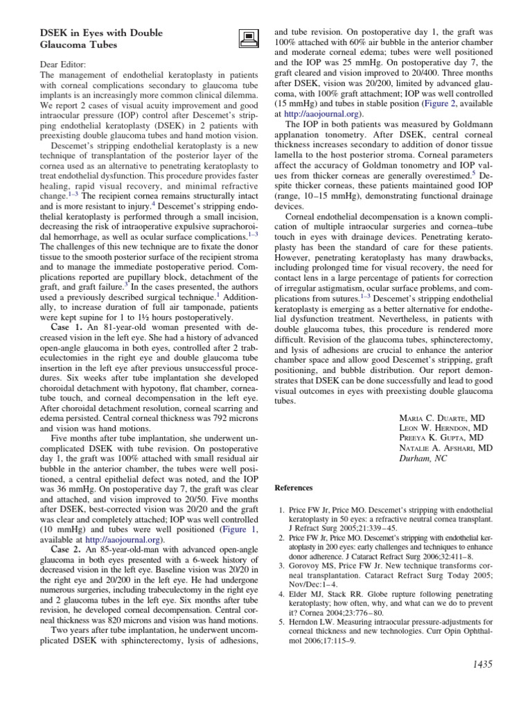 DSEK in Eyes With Double Glaucoma Tubes Ophtha | PDF | Cornea | Glaucoma