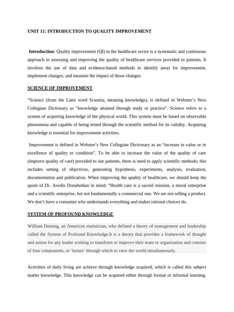 UNIT 11 Updated Introduction To Quality Improvement Note | PDF ...